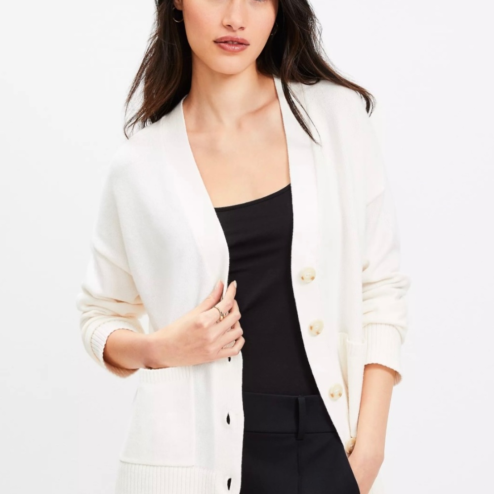 NWT LOFT XL White Navy Striped V-neck Women’s Cardigan Buttons Front Pockets - Picture 6 of 7